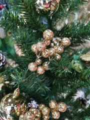 Beautiful Christmas decorations with snowflakes lights and ornaments. Christmas trees decorated with sparkling balls and glitter objects. Xmas greeting cards background.