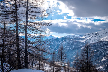 View of the Mountains near the town of Cervinia between the border with Italy and Switzerland. Beautiful landscape in the Alps.