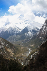 Beautiful nature views of the Himalayas mountains in Nepal. The highest pedestrian pass in the world Torong La on a trekking circle around Annapurna. Snowy mountains of the Himalayas.