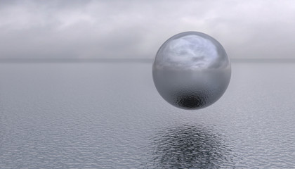 A metallic shiny sphere hung above the surface of the water. Unidentified round flying object in zero gravity over the sea or ocean. Conceptual creative illustration with copy space. 3D rendering.