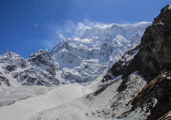 Beautiful nature views of the Himalayas mountains in Nepal. The highest pedestrian pass in the world Torong La on a trekking circle around Annapurna. Snowy mountains of the Himalayas.