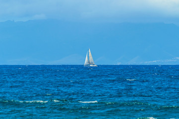 Wonderful Sailing Ship Sailing In The Bay On Las Americas Beach. April 11, 2019. Santa Cruz De Tenerife Spain Africa. Travel Tourism Street Photography.