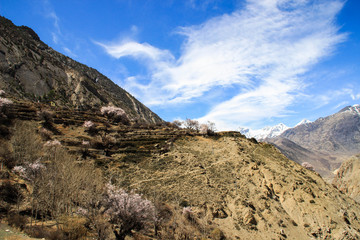 Beautiful nature views of the Himalayas mountains in Nepal. The highest pedestrian pass in the world Torong La on a trekking circle around Annapurna. The highest mountains in the world the Himalayas