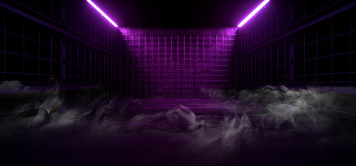 Smoke Mist Steam Sci Fi Futuristic Led Laser Neon Glowing Blue Violet Light In Industrial Steel Wire Mesh Fence Garage Room Reflective Empty Studio 3D Rendering