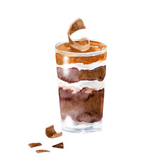 Watercolor dessert. Hand drawn chocolate mousse in a cup.