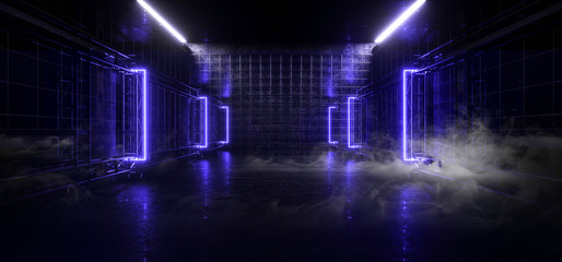 Smoke Mist Steam Rectangle Shaped Led Laser Neon Glowing Blue Violet Light In Industrial Steel Wire Mesh Fence Garage Room Reflective Empty Studio 3D Rendering