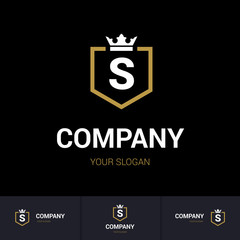 Illustration of Shield Badge-Shape with letter S in the Middle and Luxury Crown. Logo Icon Template for Web and Business Card, Letter Logo Template on Black Background