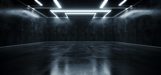 Empty Grunge Concrete Modern Room Ceiling White Led Lights Rectangle Shape Hall Garage Underground Industrial Background 3D Rendering