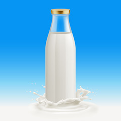 Fototapeta na wymiar White Milk Pack Package Packaging Glass Bottle. Illustration Isolated on Blue Background. Template with Splash. Traditional Old Fashioned Glass Milk Bottle