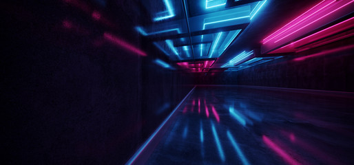 Laser Show Club Dark Neon Sci Fi Futuristic Retro Purple Blue Glowing Ceiling Lights Concrete Grunge Garage Stage Tunnel Room Hall 3D Rendering