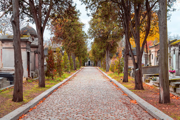 A view on autumn alley of the most famous cemetery of Paris Pere Lachaise, France. Tombs of various famous people. Golden autumn over eldest tombs.