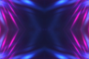 Dark abstract futuristic background. Neon lines glow. Neon lines, shapes. Multi-colored glow, blurry lights, bokeh. Empty stage background