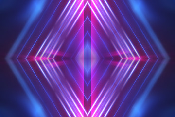Fototapeta premium Dark abstract futuristic background. Neon lines glow. Neon lines, shapes. Multi-colored glow, blurry lights, bokeh. Empty stage background