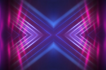 Dark abstract futuristic background. Neon lines glow. Neon lines, shapes. Multi-colored glow, blurry lights, bokeh. Empty stage background