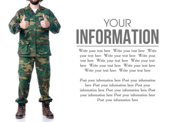 Man in camouflage clothes hiking standing on white background isolation, space for text