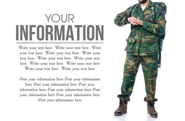 Man in camouflage clothes with backpack hiking standing on white background isolation, space for text