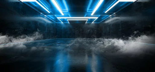 Rauch, Nebel, Nebel, Lasershow, Club, Dunkel, Neon, Sci Fi, Futuristisch, Retro, Blau, Leuchtende Deckenleuchten, Beton, Grunge, Garage, Bühne, Tunnel, Raum, Halle, 3D-Rendering © IM_VISUALS
