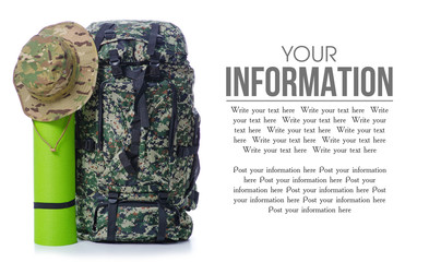 Military backpack with accessories cap hat hiking on white background isolation, space for text