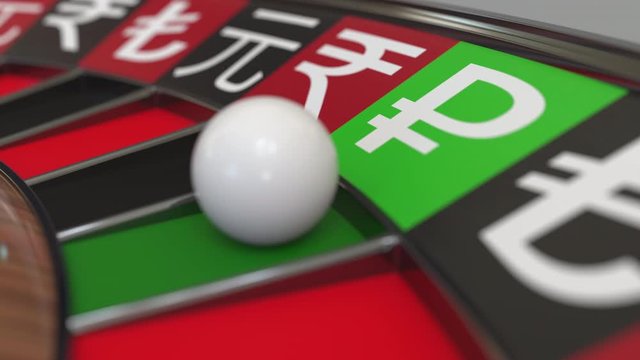 Ball in ruble sign pocket on casino roulette wheel. Conceptual 3D animation