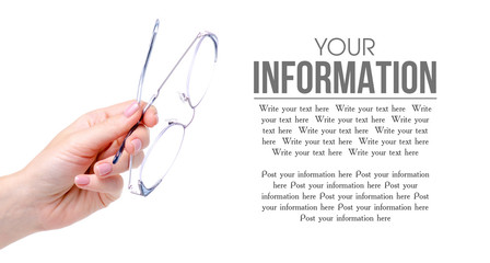 glasses for vision in hand on a white background isolation, space for text