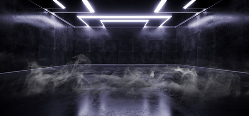 Smoke Steam Fog Mist Empty Grunge Concrete Modern Room Ceiling White Led Lights Rectangle Shape Hall Garage Underground Industrial Background 3D Rendering