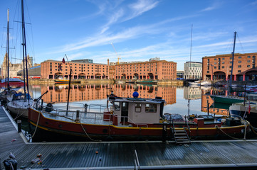 Wide shot across the Albert Dock in Liverpool