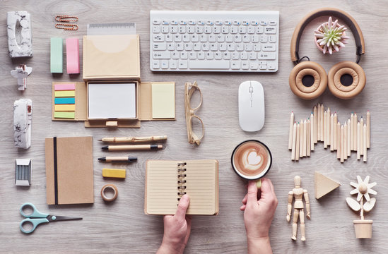 Concept flat lay with modern office supplies from eco friendly sustainable materials without single use plastic to reduce waste and organize sustainable lifestyle.
