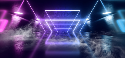 Smoke Fog Mist Neon Glowing Laser Podium Sci Fi Futuristic Triangle  Blue Purple  Color Shine Beams Concrete Tunnel Corridor Underground Spaceship 3D Rendering