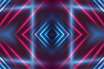 Dark abstract futuristic background. Neon lines glow. Neon lines, shapes. Multi-colored glow, blurry lights, bokeh. Empty stage background