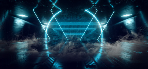 Smoke Fog Mist Neon Glowing Laser Podium Sci Fi Futuristic Circle Lines Blue Color Shine Beams Schematic Chip Textured Floor Concrete Tunnel Corridor Underground Spaceship 3D Rendering