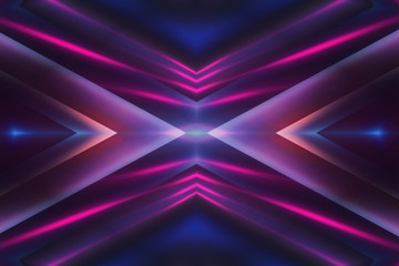 Dark abstract futuristic background. Neon lines glow. Neon lines, shapes. Multi-colored glow, blurry lights, bokeh. Empty stage background