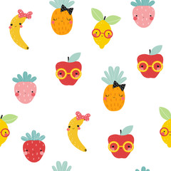 Seamless pattern with funny fashion fruits. Childish cute print. Vector hand drawn illustration.