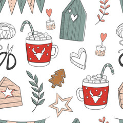 seamless pattern. vector illustration. Christmas big set. Merry Christmas! decor, frames, flags, cookies, dessert, sweets, sweets, leaves, decorations