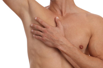 Fototapeta premium Muscular male torso, chest and armpit hair removal. Male Waxing. Male laser epilation.