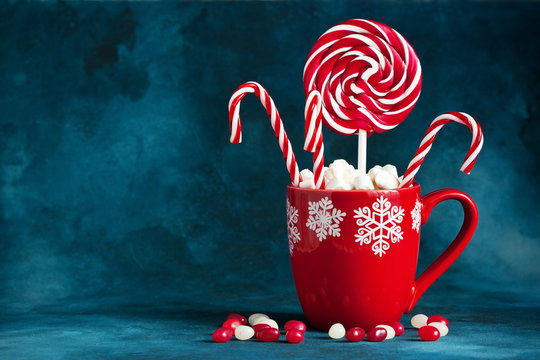 Red Mug With Hot Chocolate And Marshmallows