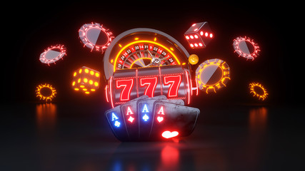 Four Aces Cards Gambling Concept, Dices, Slot And Roulette Wheel With Neon Lights - 3D Illustration