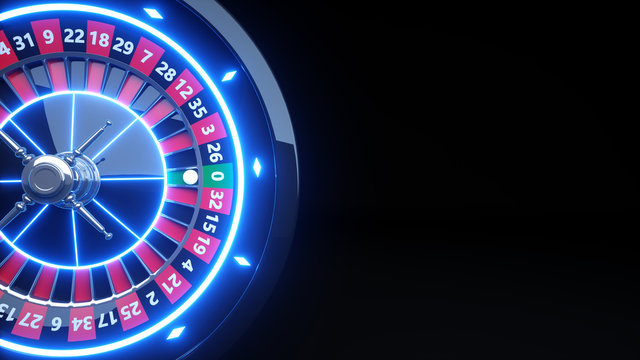 Luxury Online Casino Gambling Roulette Wheel With Neon Lights - 3D Illustration