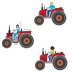 A farm tractor and European white, asian and black african woman driving it, a vector stock vintage illustration with girls drive vehicles as a concept of equality and feminism