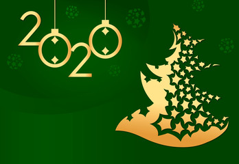 Happy New Year 2020. Green background, gold new year tree and 2020 number.