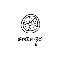 Slice of orange in the style of doodle black and white illustration with an inscription vector