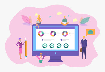 Office workers study infographics, analysis of business growth scale. vector illustration of business. Analytical data. Vector illustration of a business
