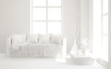 Mock up of stylish room in white color with sofa. Scandinavian interior design. 3D illustration