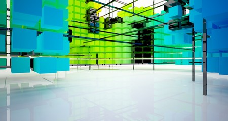 Obraz premium Abstract white and colored gradient interior from array cubes with large window. 3D illustration and rendering.