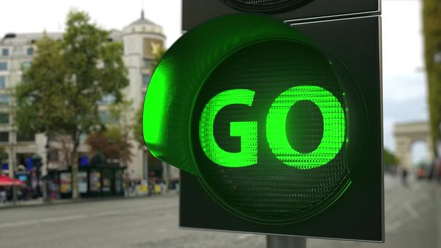 GO text on green traffic light signal. Conceptual 3D animation