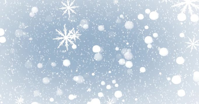 Abstract Snowflakes Background. Winter Snowflakes and star glow Christmas looped. Falling snow. Beautiful and delicate snowy backdrop. Animated decoration for greeting cards, intro, presentations