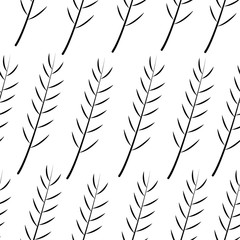 Seamless decorative black and white foliage pattern. Elegant minimalist texture with fir or spruce twigs. Tempate for fabric, wallpaper, backgrounds, wrapping paper, package, covers