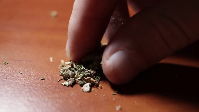 marijuana on the table, preparing to twist the jamb