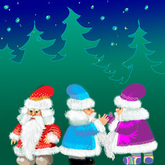 Three Santa Clauses on the background of the night forest