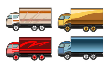 Fototapeta premium Little car truck. Set.Vector. Cartoon. Flat. A small truck for transporting goods. Cargo services. Auto freight.Delivery consignment. Dispatch machine shipment. Logistics lading. Truck weight, burden.