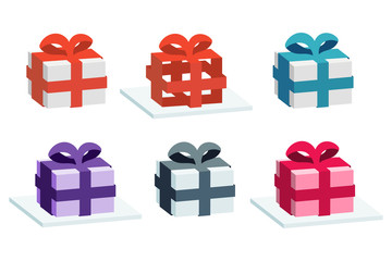 Set of gift boxes with different color ribbons and bow, isolated vector graphics